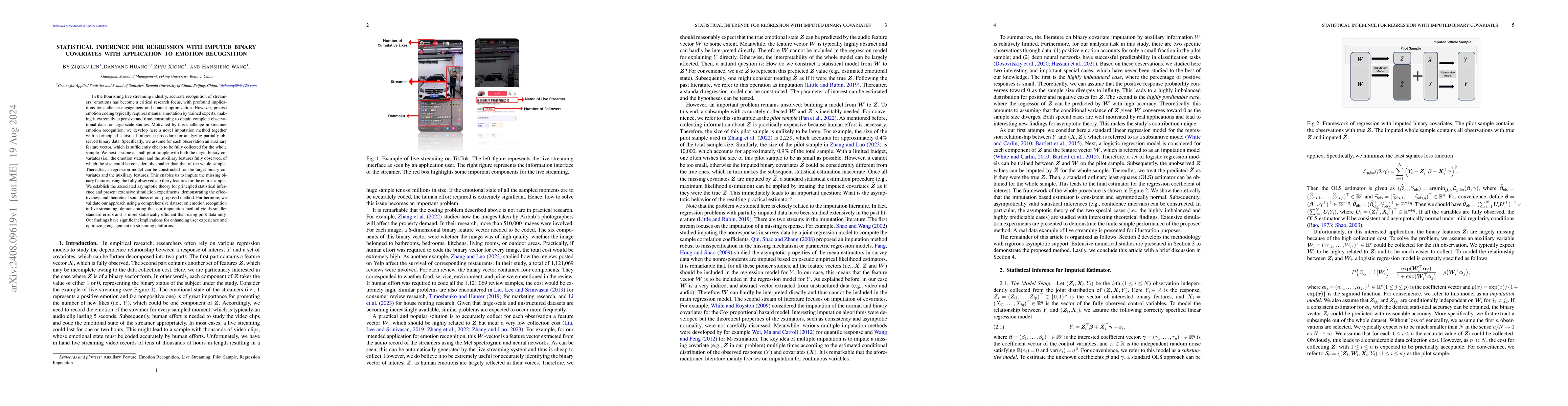 Thumbnail for Statistical Inference for Regression with Imputed Binary Covariates with
  Application to Emotion Recognition
