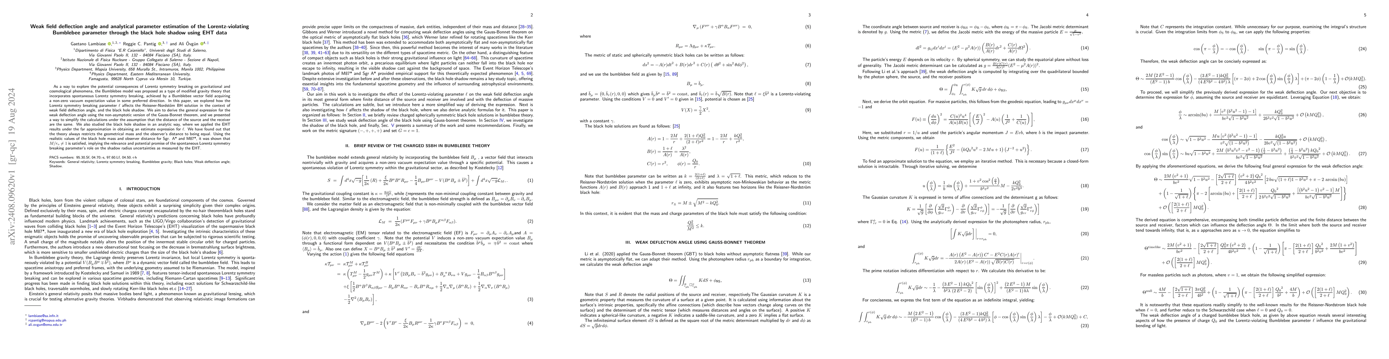 Thumbnail for Weak field deflection angle and analytical parameter estimation of the
  Lorentz-violating Bumblebee parameter through the black hole shadow using EHT
  data