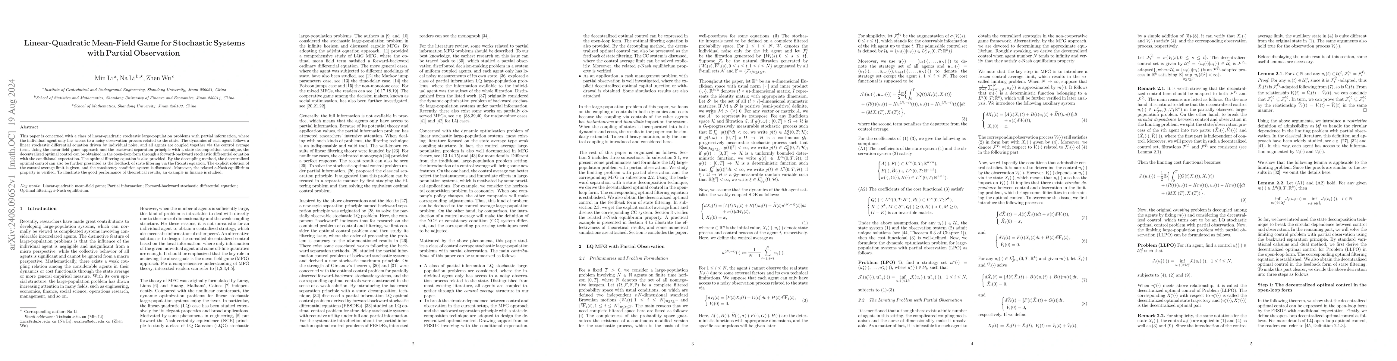 Thumbnail for Linear-Quadratic Mean-Field Game for Stochastic Systems with Partial
  Observation