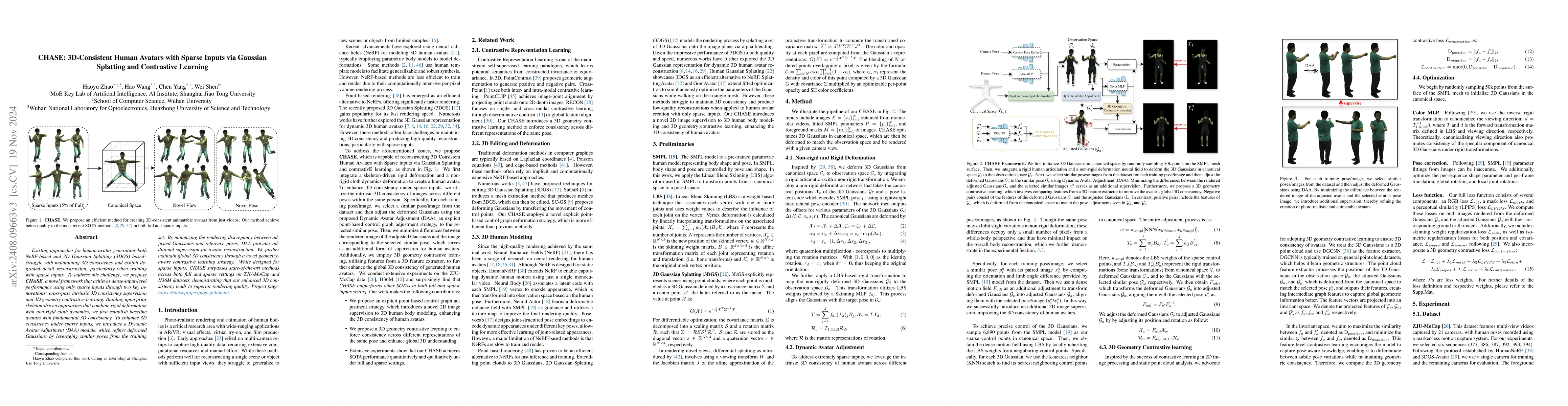 Thumbnail for CHASE: 3D-Consistent Human Avatars with Sparse Inputs via Gaussian
  Splatting and Contrastive Learning