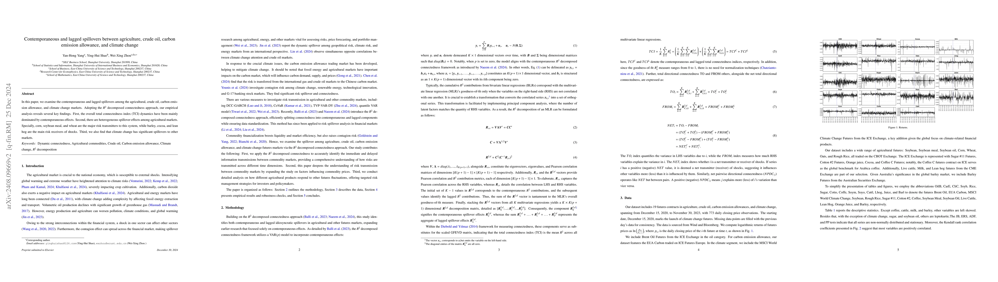 Thumbnail for Contemporaneous and lagged spillovers across crude oil, carbon emission
  allowance, climate change, and agriculture futures markets: Evidence from the
  $R^2$ decomposed connectedness approach