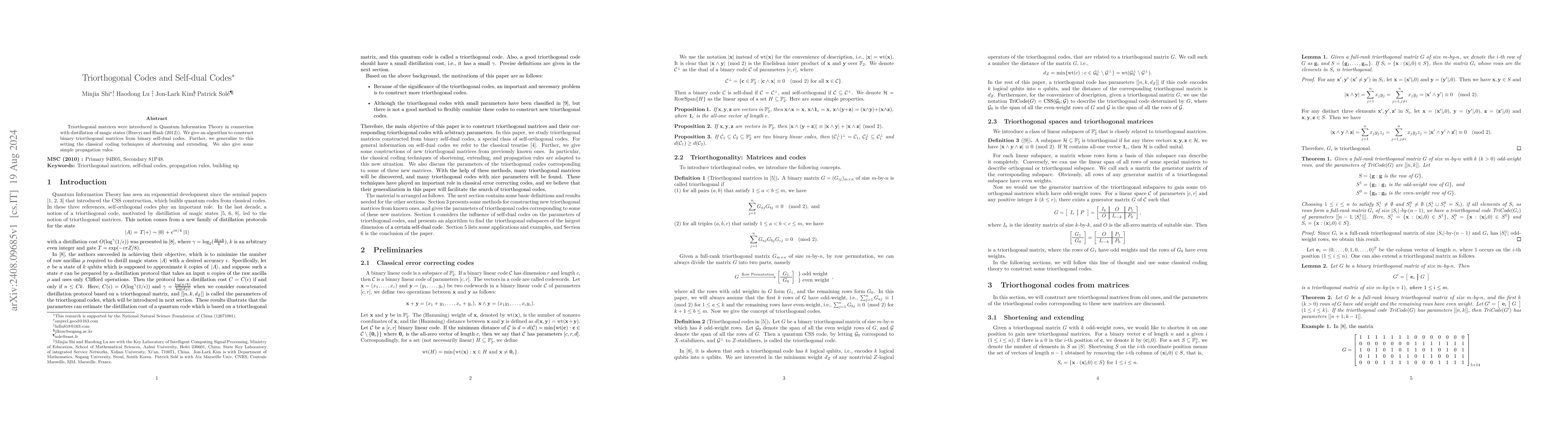 Thumbnail for Triorthogonal Codes and Self-dual Codes