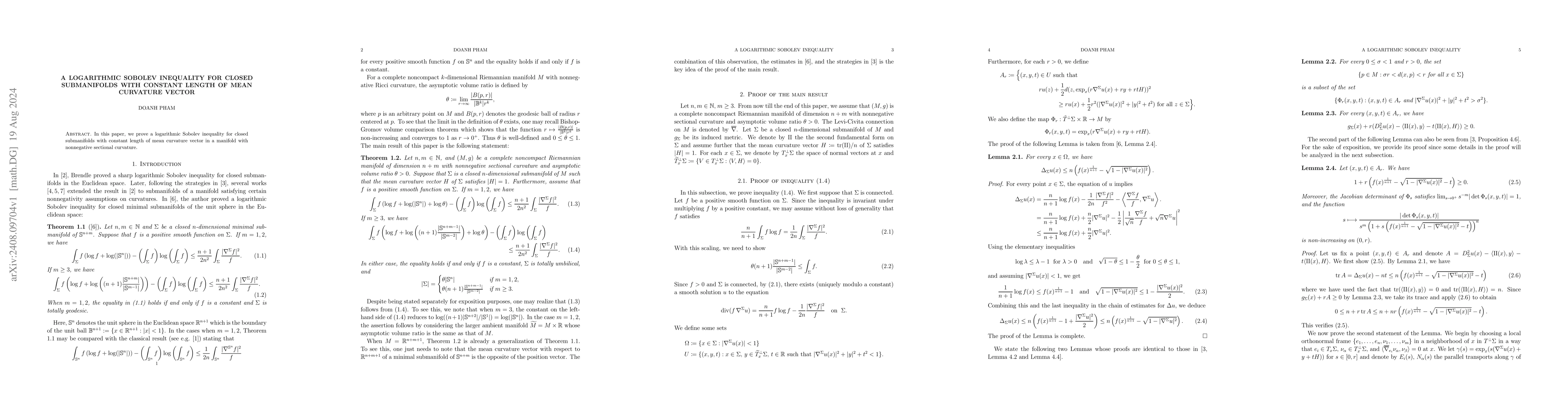 Thumbnail for A logarithmic Sobolev inequality for closed submanifolds with constant
  length of mean curvature vector
