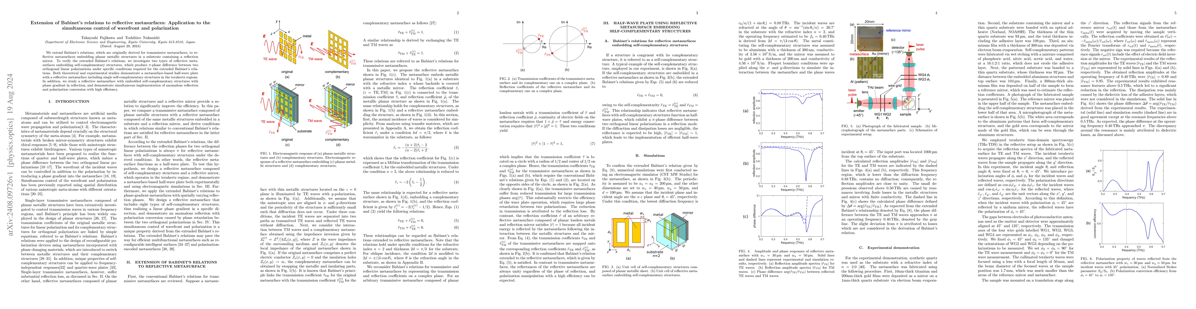 Thumbnail for Extension of Babinet's relations to reflective metasurfaces: Application
  to the simultaneous control of wavefront and polarization