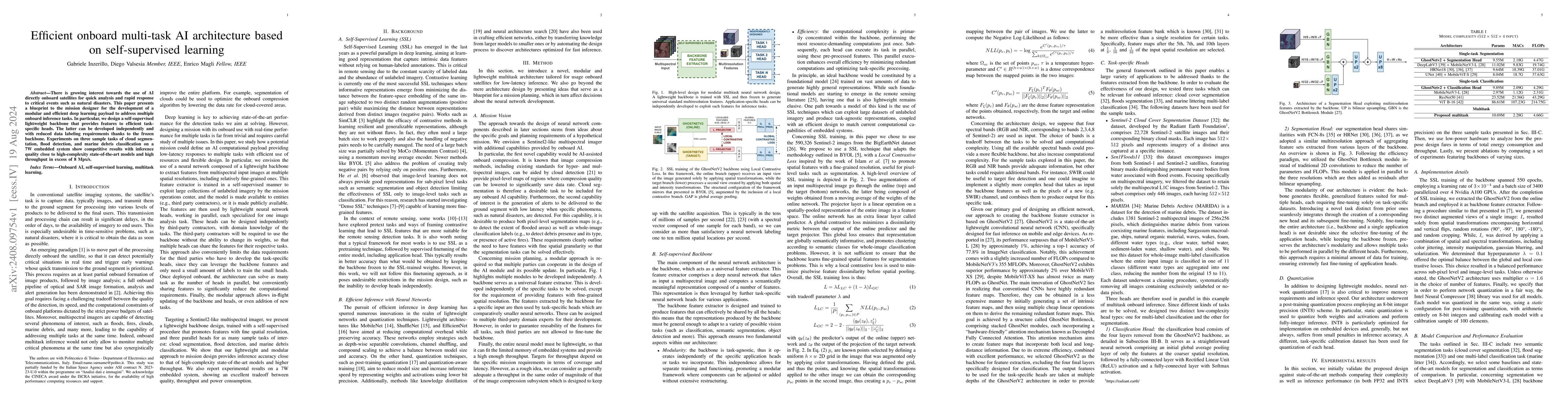 Thumbnail for Efficient onboard multi-task AI architecture based on self-supervised
  learning