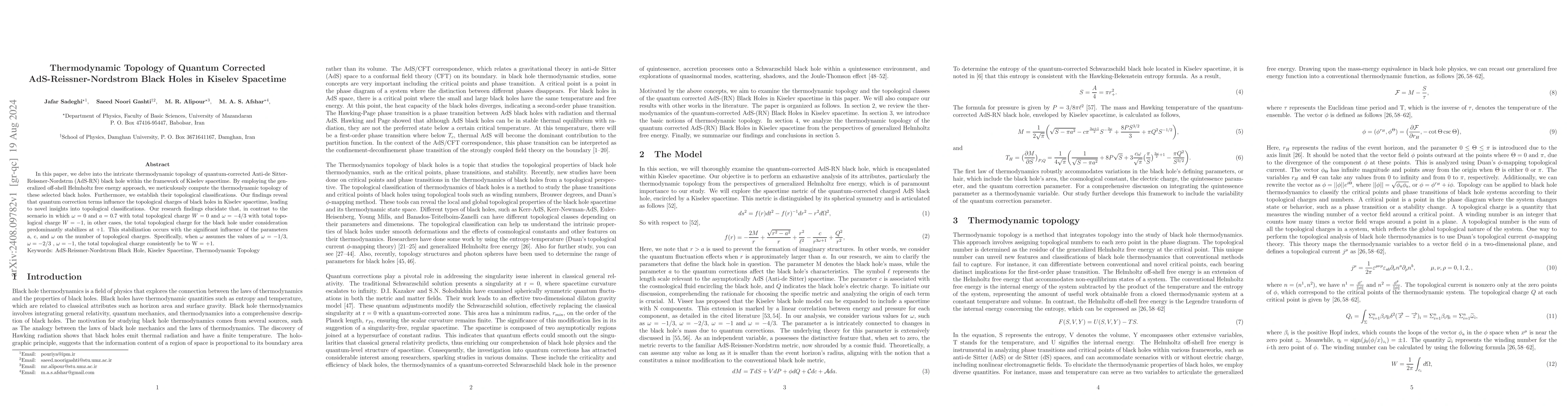 Thumbnail for Thermodynamic Topology of Quantum Corrected AdS-Reissner-Nordstrom Black
  Holes in Kiselev Spacetime