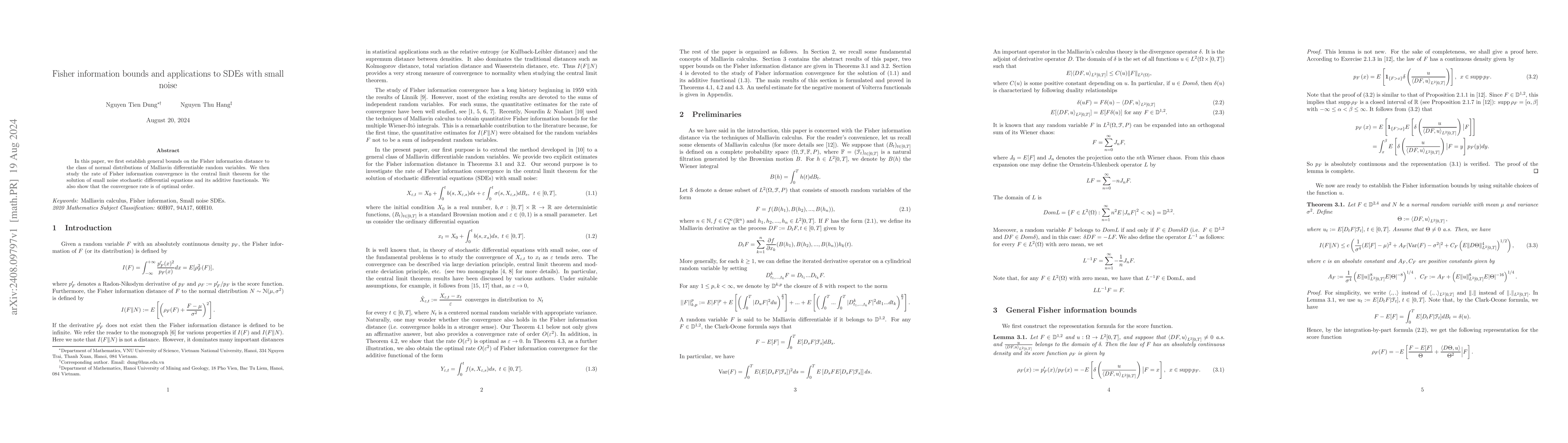 Thumbnail for Fisher information bounds and applications to SDEs with small noise