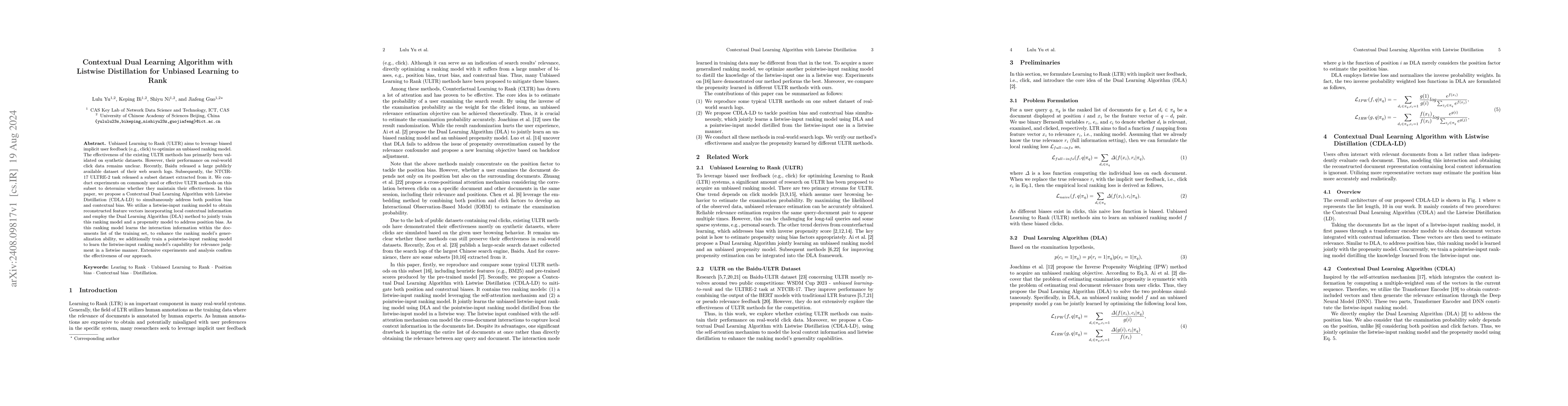 Thumbnail for Contextual Dual Learning Algorithm with Listwise Distillation for
  Unbiased Learning to Rank