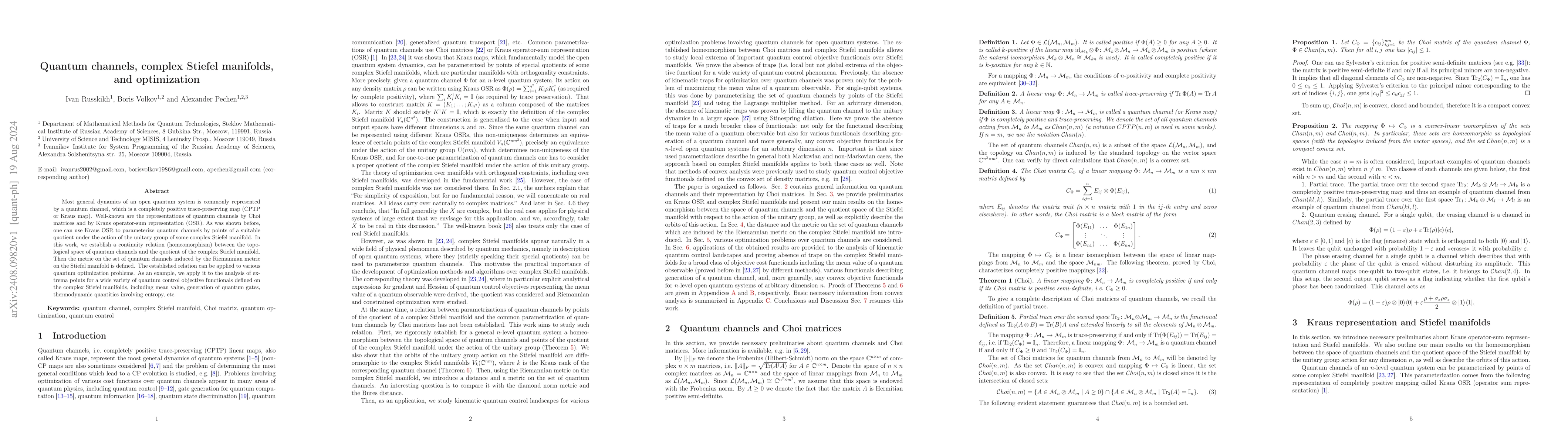 Thumbnail for Quantum channels, complex Stiefel manifolds, and optimization
