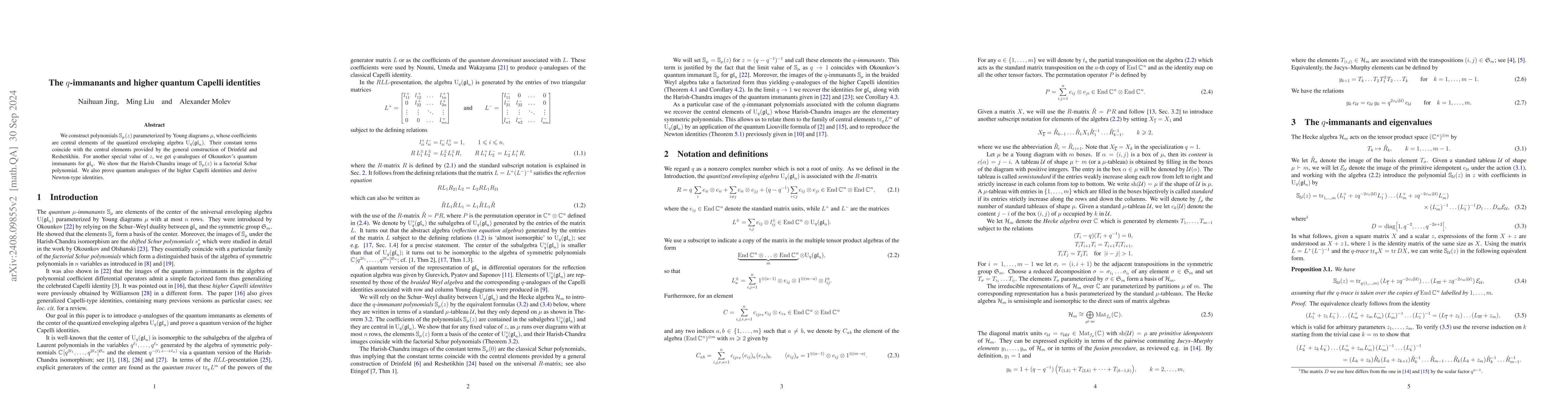 Thumbnail for The $q$-immanants and higher quantum Capelli identities
