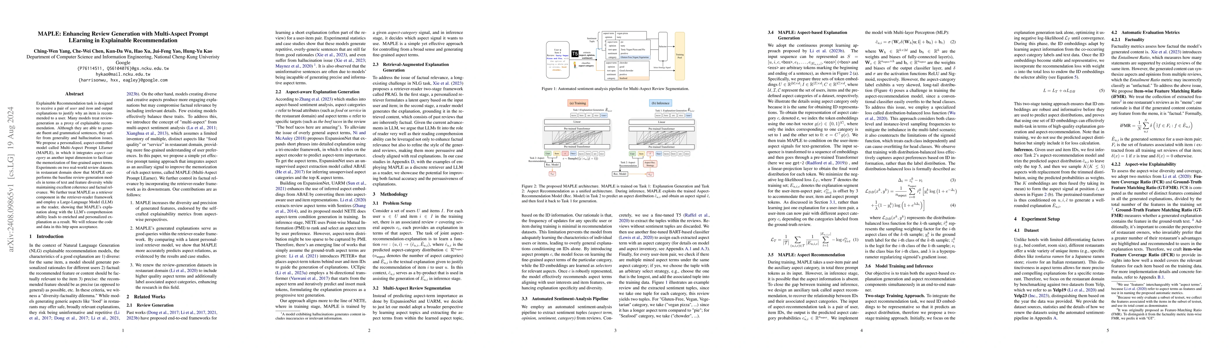 Thumbnail for MAPLE: Enhancing Review Generation with Multi-Aspect Prompt LEarning in
  Explainable Recommendation