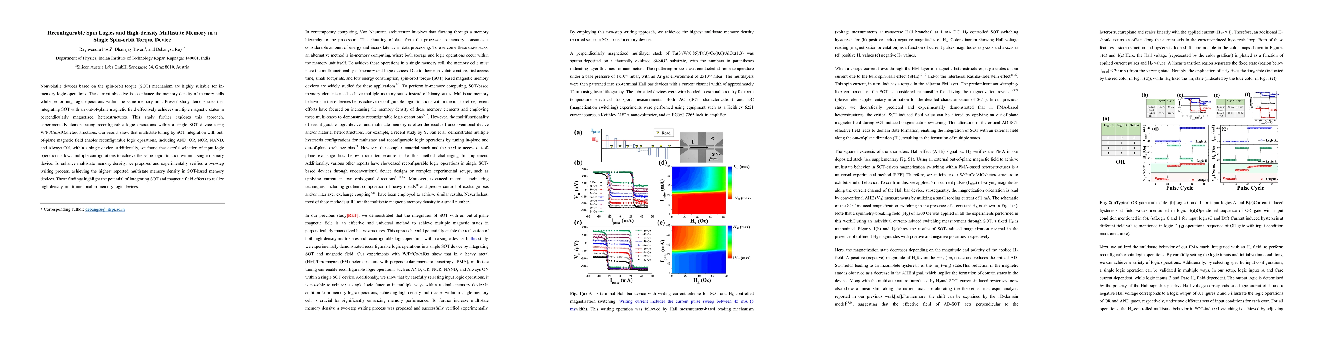 Thumbnail for Reconfigurable Spin Logics and High-density Multistate Memory in a
  Single Spin-orbit Torque Device