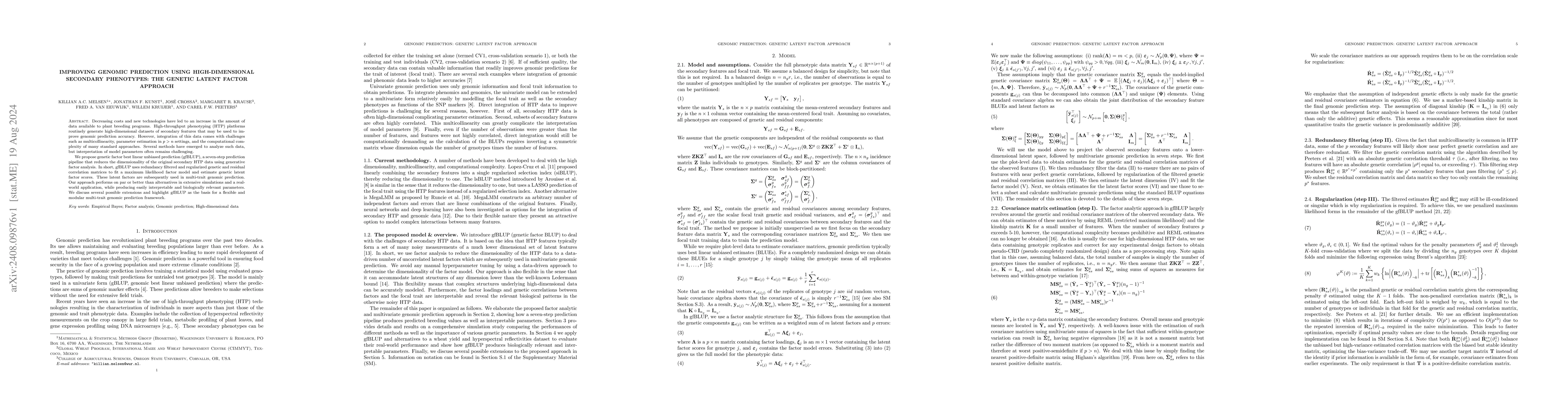 Thumbnail for Improving Genomic Prediction using High-dimensional Secondary
  Phenotypes: the Genetic Latent Factor Approach