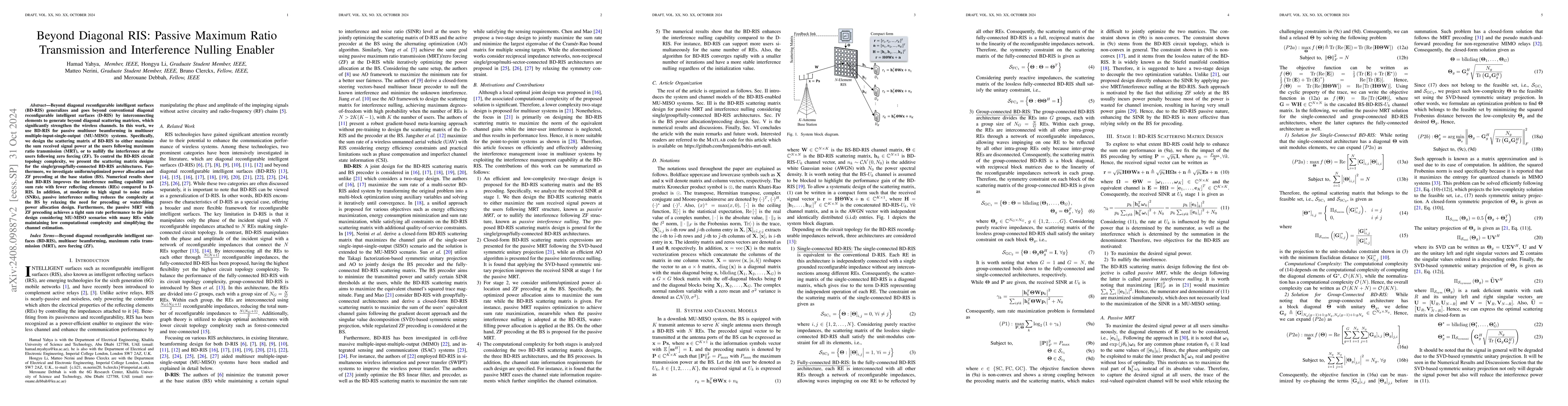 Thumbnail for Beyond Diagonal RIS: Passive Maximum Ratio Transmission and Interference
  Nulling Enabler