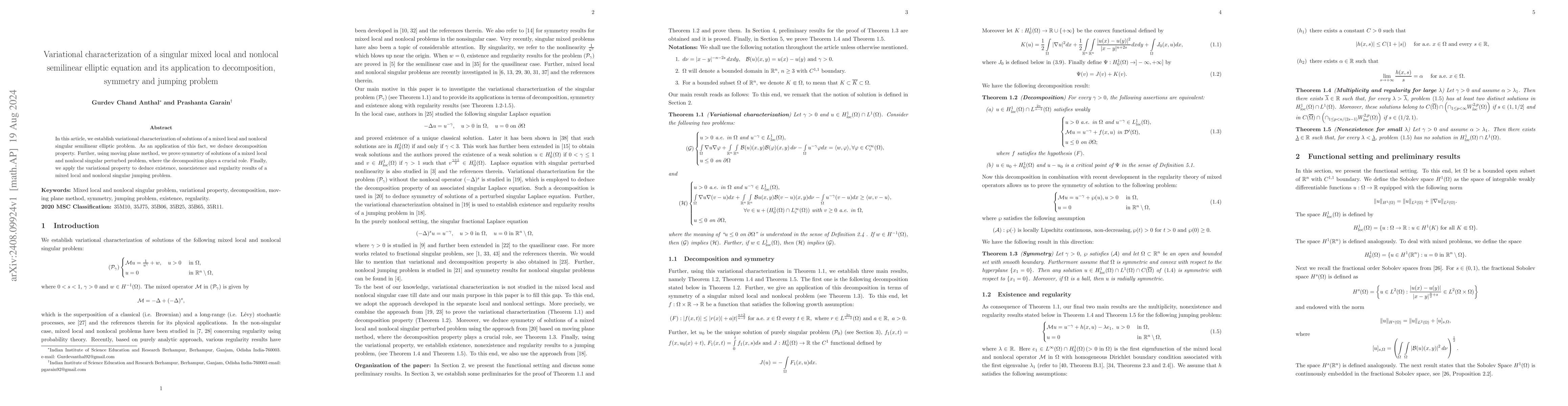 Thumbnail for Variational characterization of a singular mixed local and nonlocal
  semilinear elliptic equation and its application to decomposition, symmetry
  and jumping problem