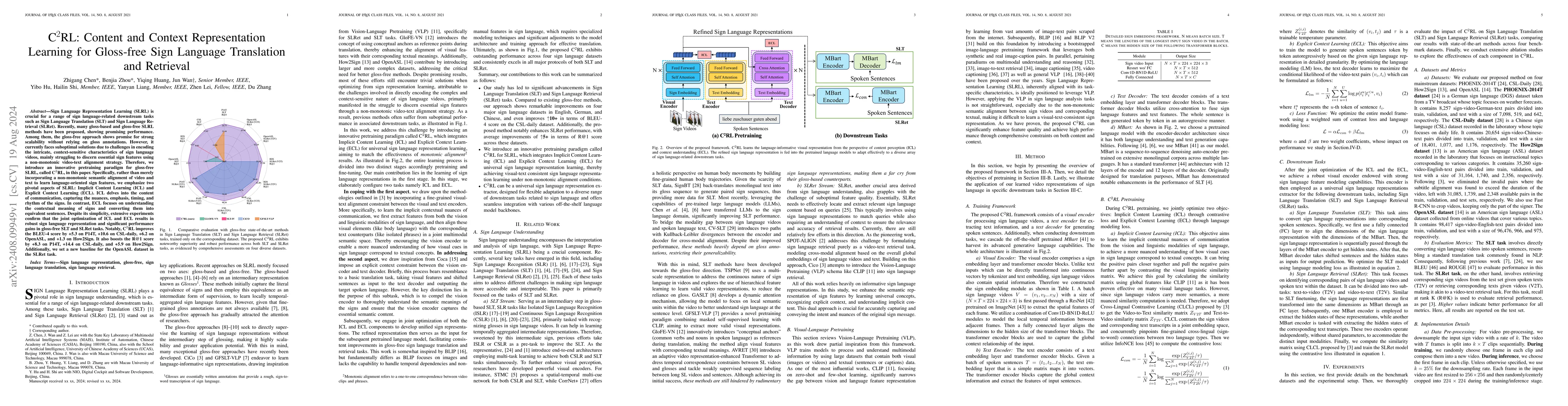 Thumbnail for C${^2}$RL: Content and Context Representation Learning for Gloss-free
  Sign Language Translation and Retrieval
