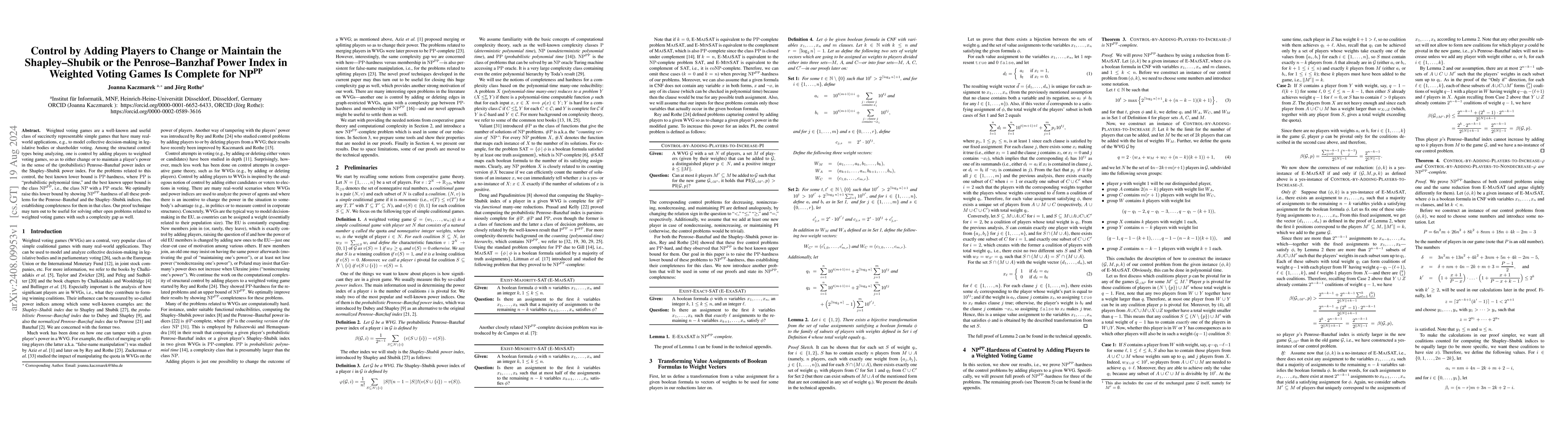 Thumbnail for Control by Adding Players to Change or Maintain the Shapley-Shubik or
  the Penrose-Banzhaf Power Index in Weighted Voting Games Is Complete for
  NP^PP