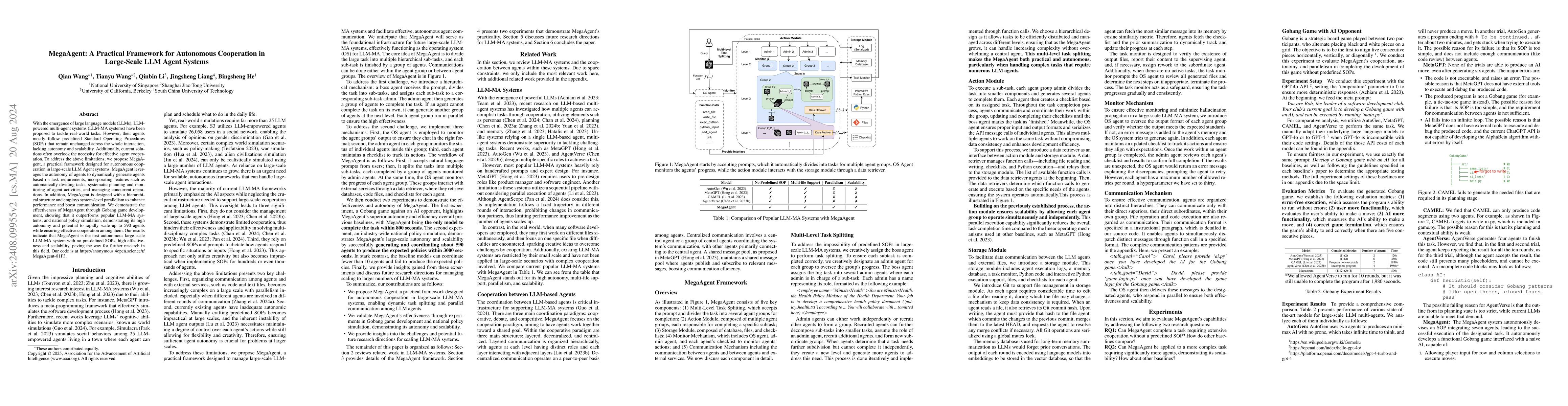 Thumbnail for MegaAgent: A Practical Framework for Autonomous Cooperation in
  Large-Scale LLM Agent Systems