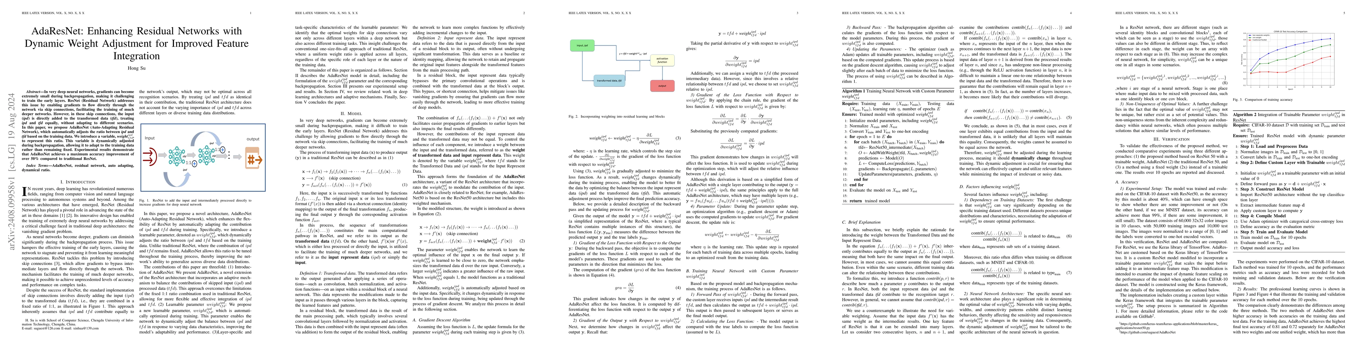Thumbnail for AdaResNet: Enhancing Residual Networks with Dynamic Weight Adjustment
  for Improved Feature Integration