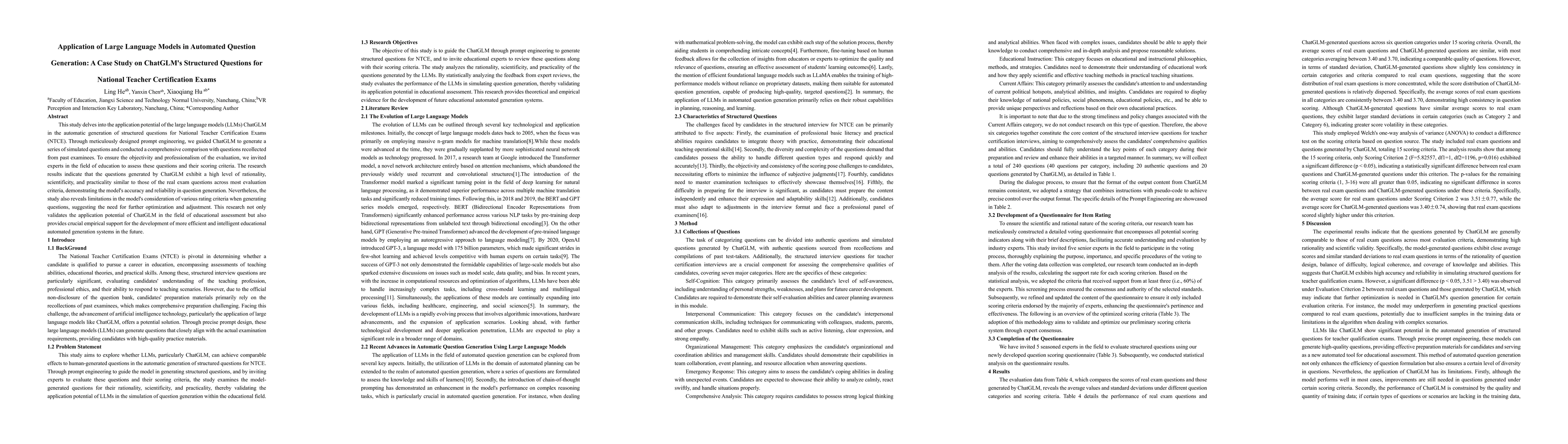 Thumbnail for Application of Large Language Models in Automated Question Generation: A
  Case Study on ChatGLM's Structured Questions for National Teacher
  Certification Exams
