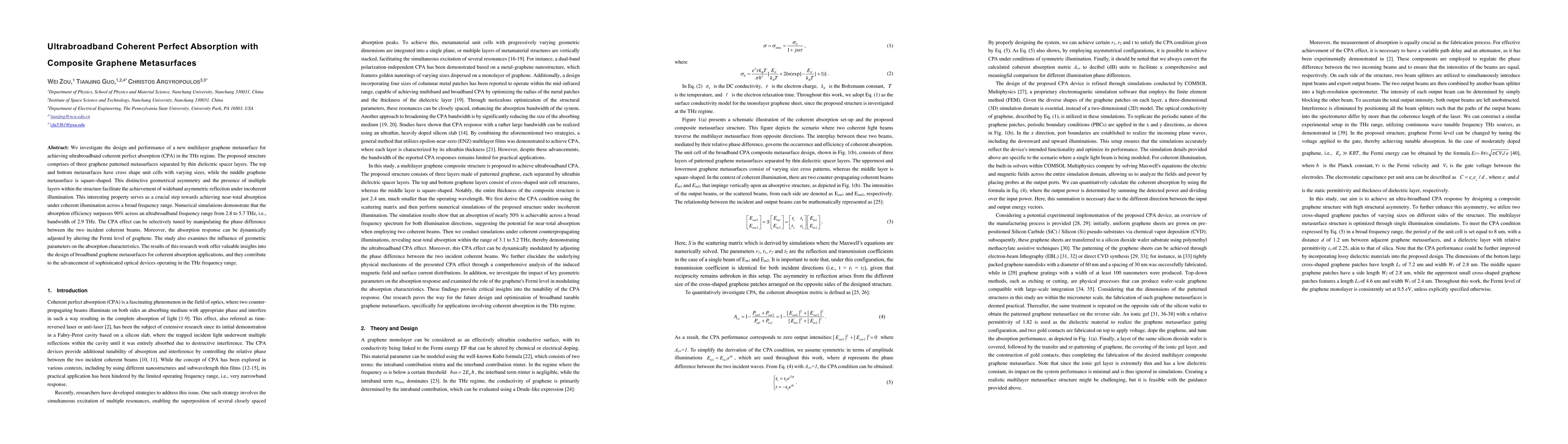 Thumbnail for Ultrabroadband Coherent Perfect Absorption with Composite Graphene
  Metasurfaces