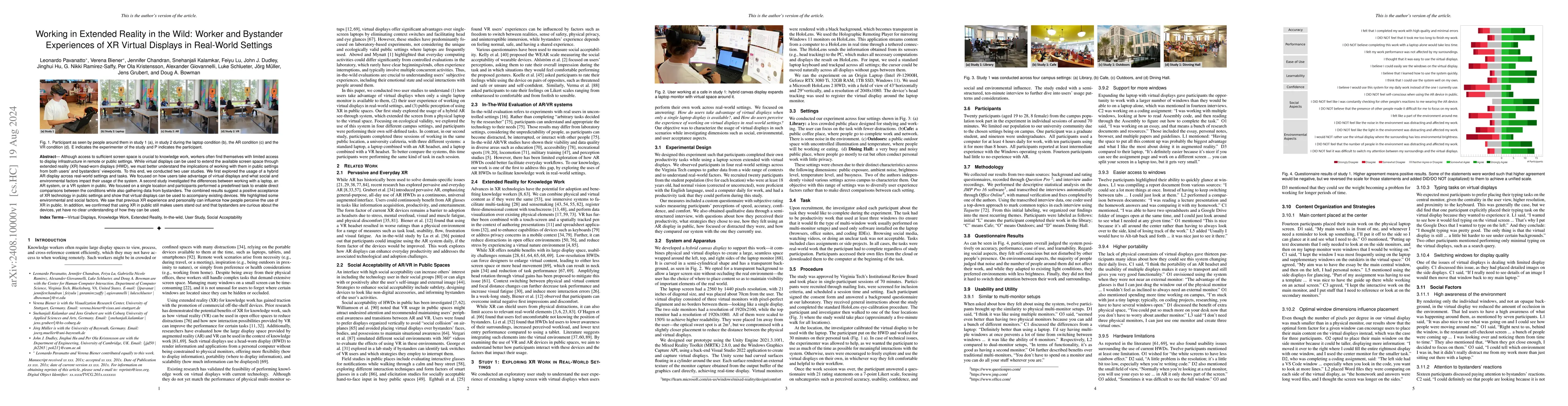 Thumbnail for Working in Extended Reality in the Wild: Worker and Bystander
  Experiences of XR Virtual Displays in Real-World Settings