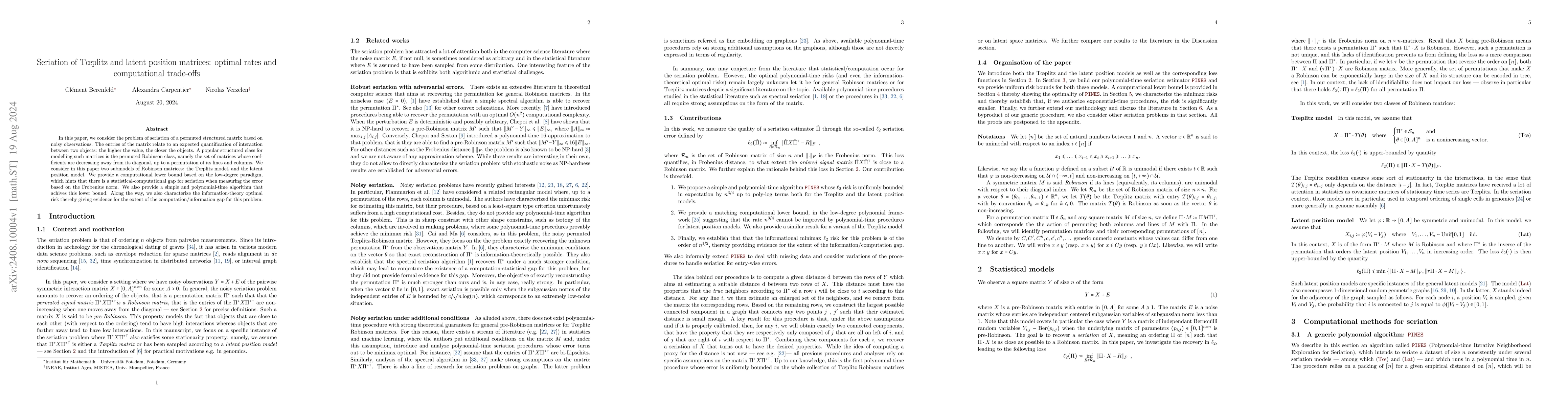 Thumbnail for Seriation of Tœplitz and latent position matrices: optimal rates and
  computational trade-offs