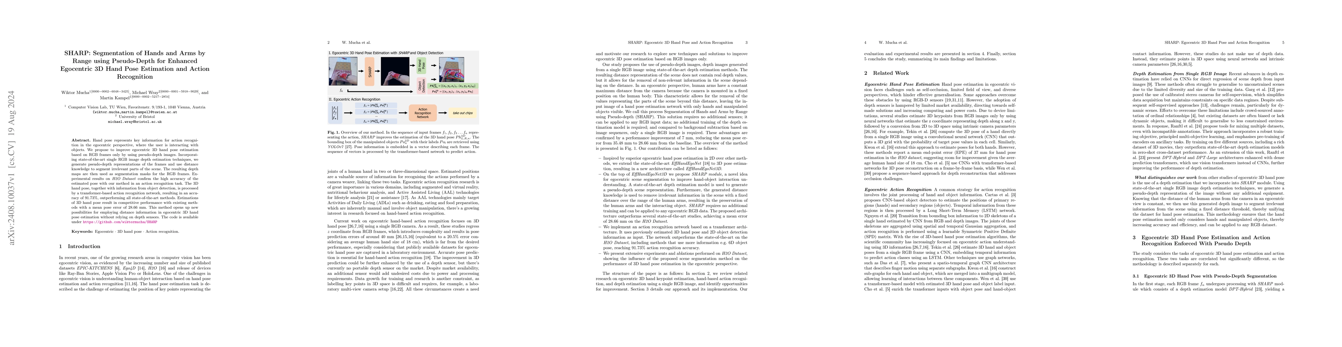 Thumbnail for SHARP: Segmentation of Hands and Arms by Range using Pseudo-Depth for
  Enhanced Egocentric 3D Hand Pose Estimation and Action Recognition