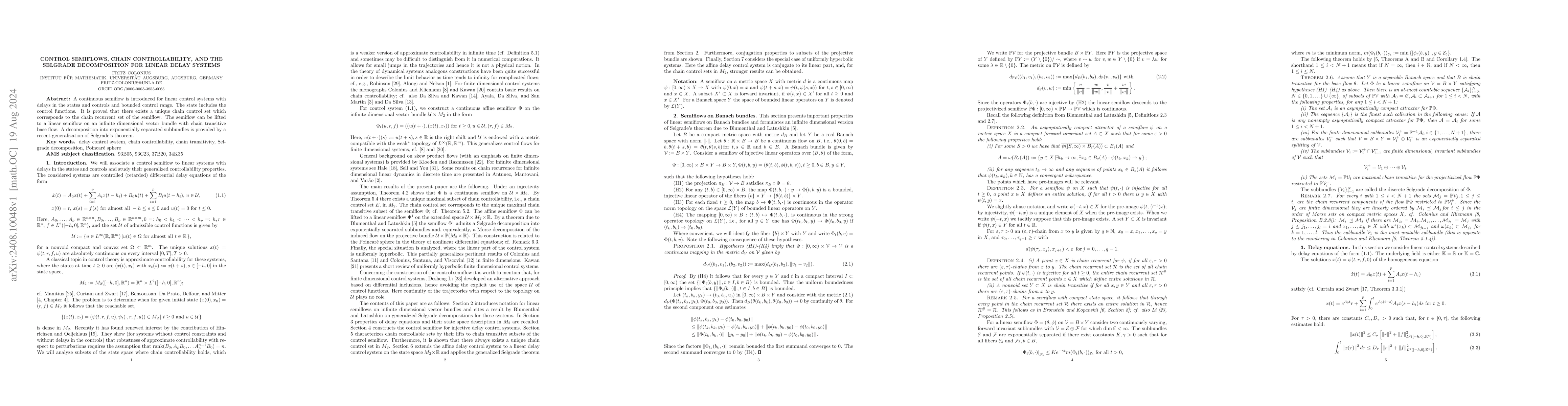 Thumbnail for Control semiflows, chain controllability, and the Selgrade decomposition
  for linear delay systems