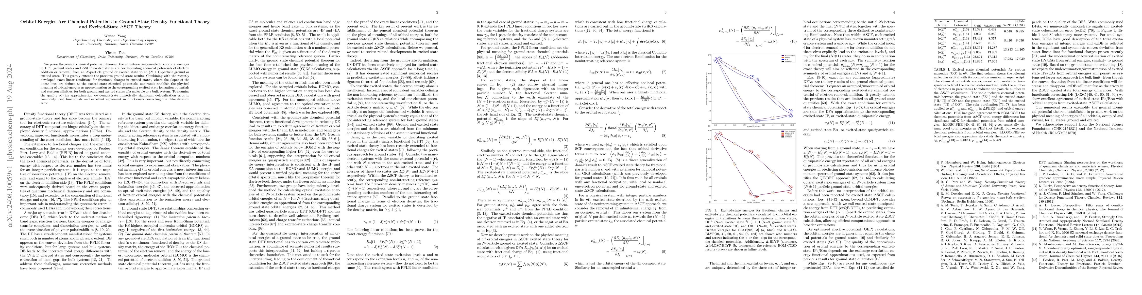 Thumbnail for Orbital Energies Are Chemical Potentials in Ground-State Density
  Functional Theory and Excited-State $Δ$SCF Theory