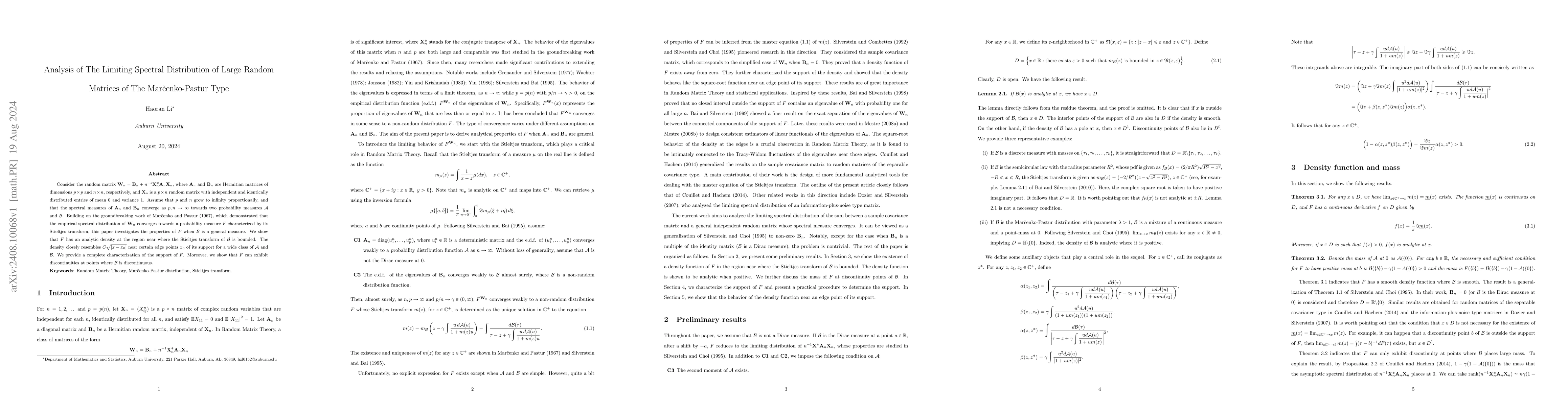 Thumbnail for Analysis of The Limiting Spectral Distribution of Large Random Matrices
  of The Marčenko-Pastur Type