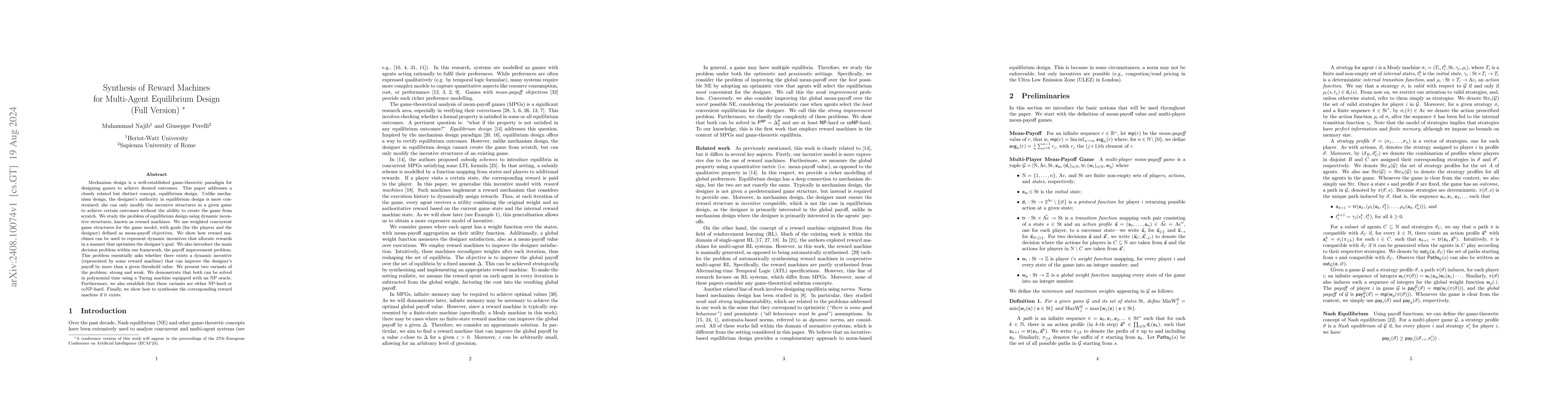 Thumbnail for Synthesis of Reward Machines for Multi-Agent Equilibrium Design (Full
  Version)