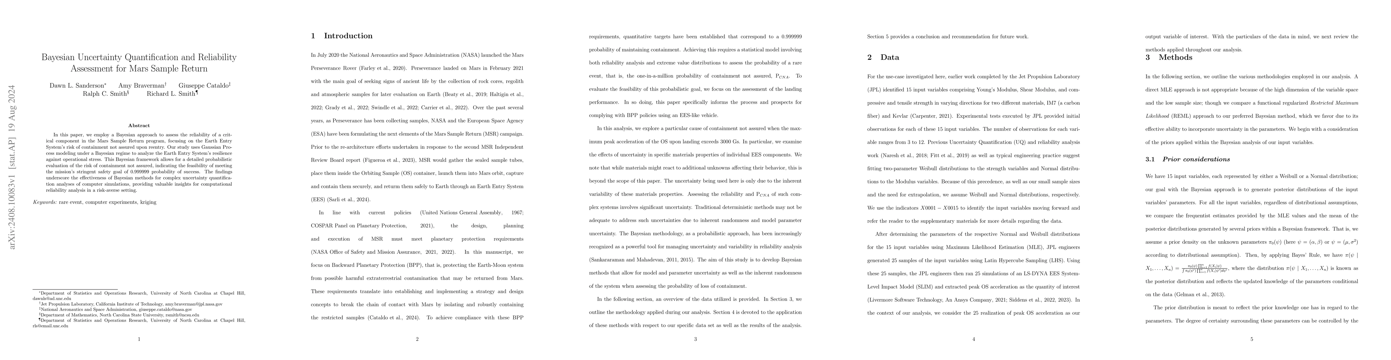 Thumbnail for Bayesian Uncertainty Quantification and Reliability Assessment for Mars
  Sample Return