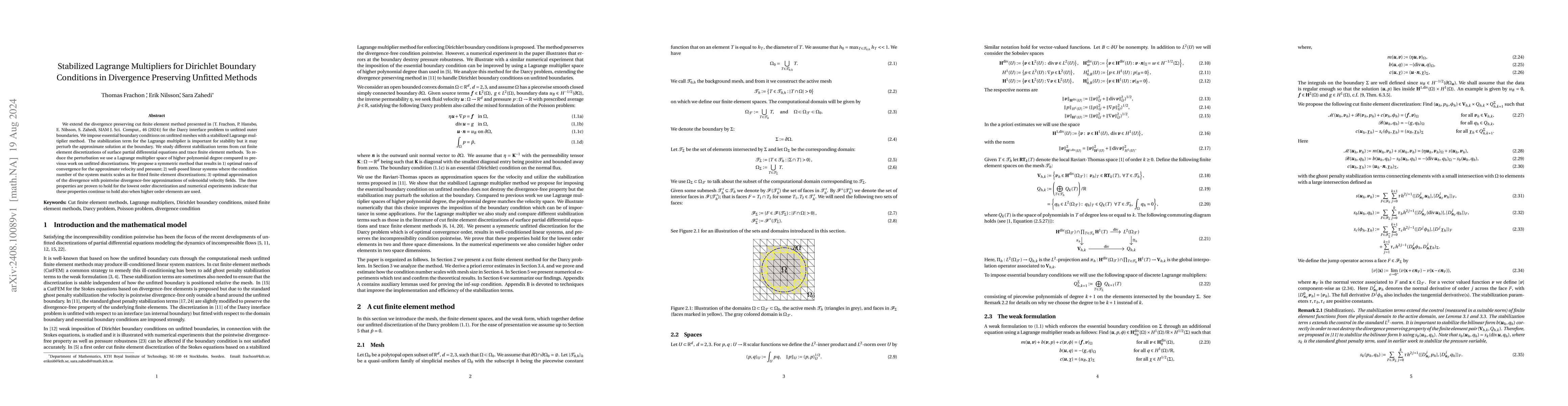 Thumbnail for Stabilized Lagrange Multipliers for Dirichlet Boundary Conditions in
  Divergence Preserving Unfitted Methods