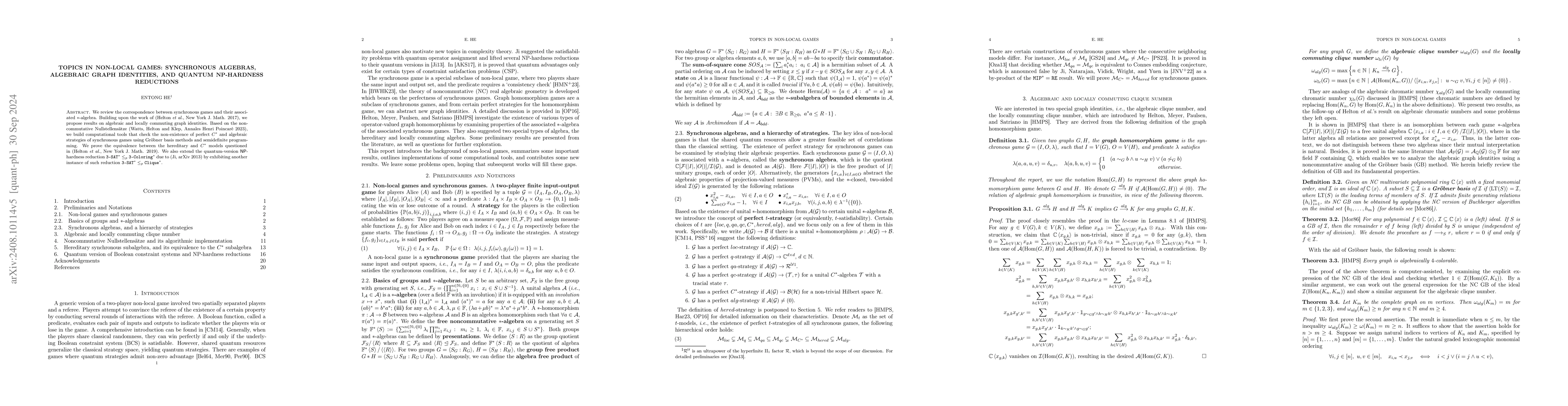 Thumbnail for Topics in Non-local Games: Synchronous Algebras, Algebraic Graph
  Identities, and Quantum NP-hardness Reductions