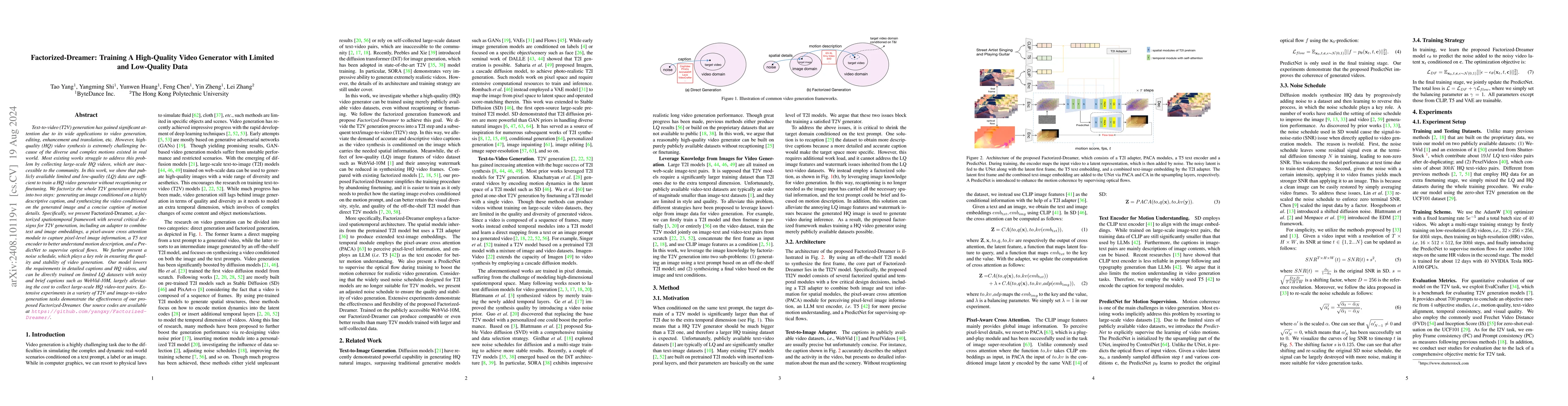 Thumbnail for Factorized-Dreamer: Training A High-Quality Video Generator with Limited
  and Low-Quality Data