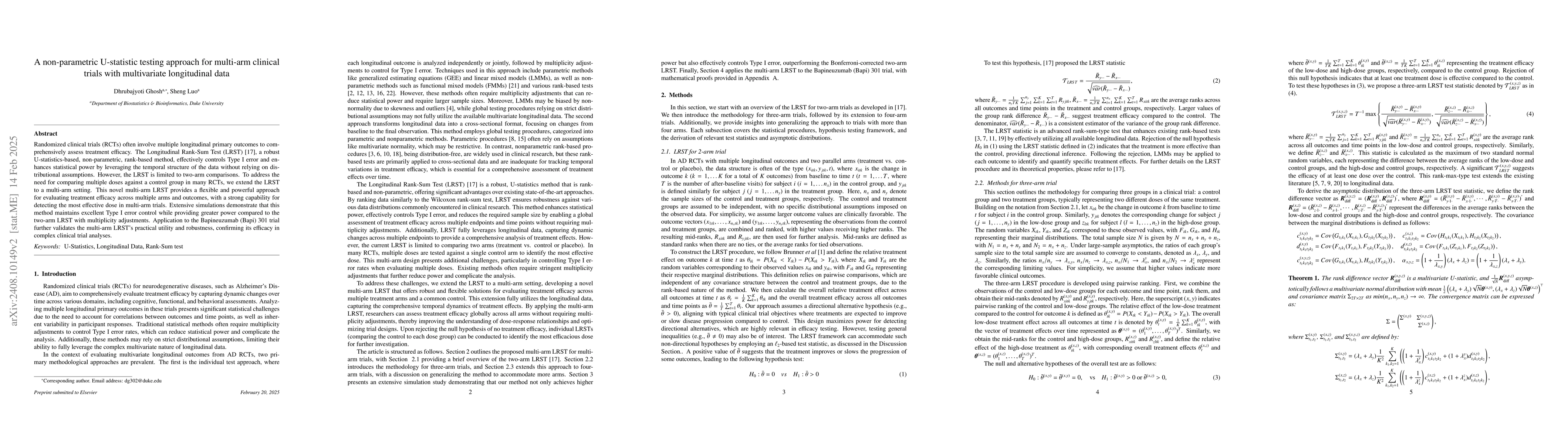 Thumbnail for A non-parametric U-statistic testing approach for multi-arm clinical
  trials with multivariate longitudinal data