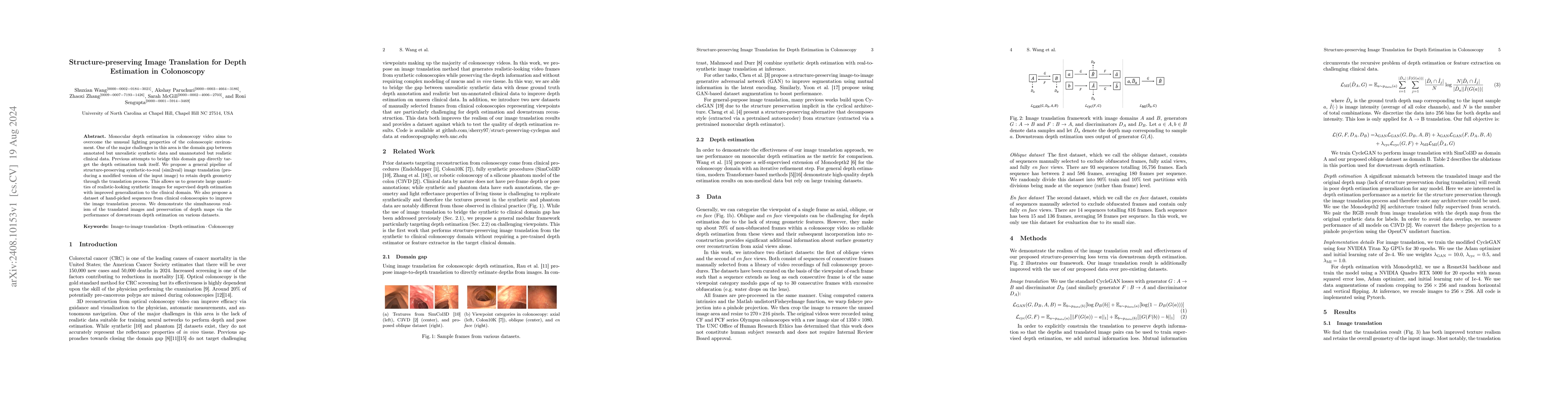 Thumbnail for Structure-preserving Image Translation for Depth Estimation in
  Colonoscopy Video