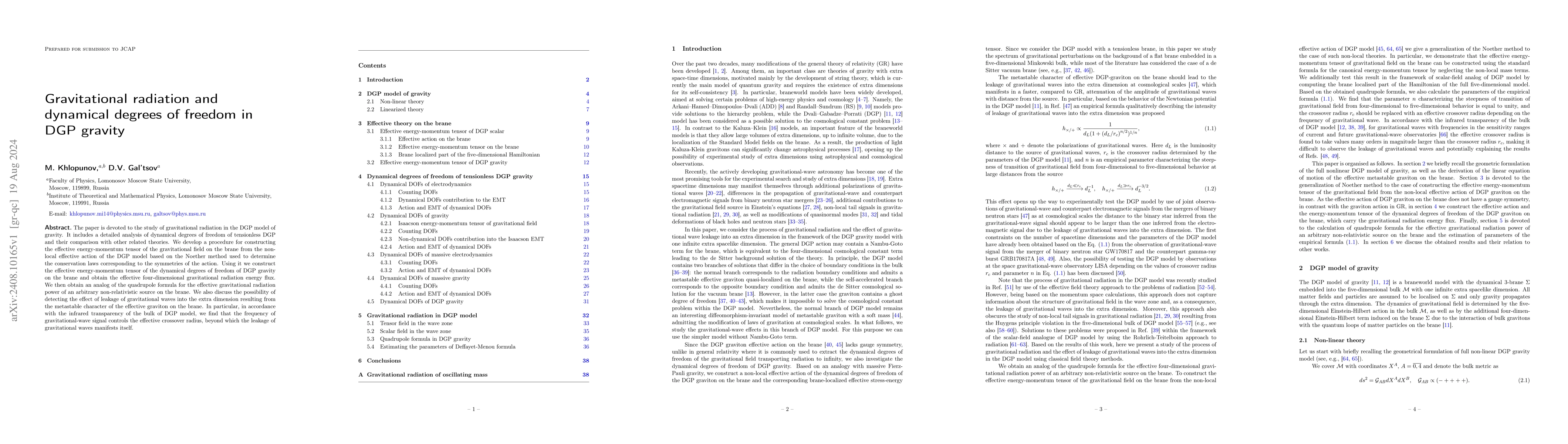 Thumbnail for Gravitational radiation and dynamical degrees of freedom in DGP gravity