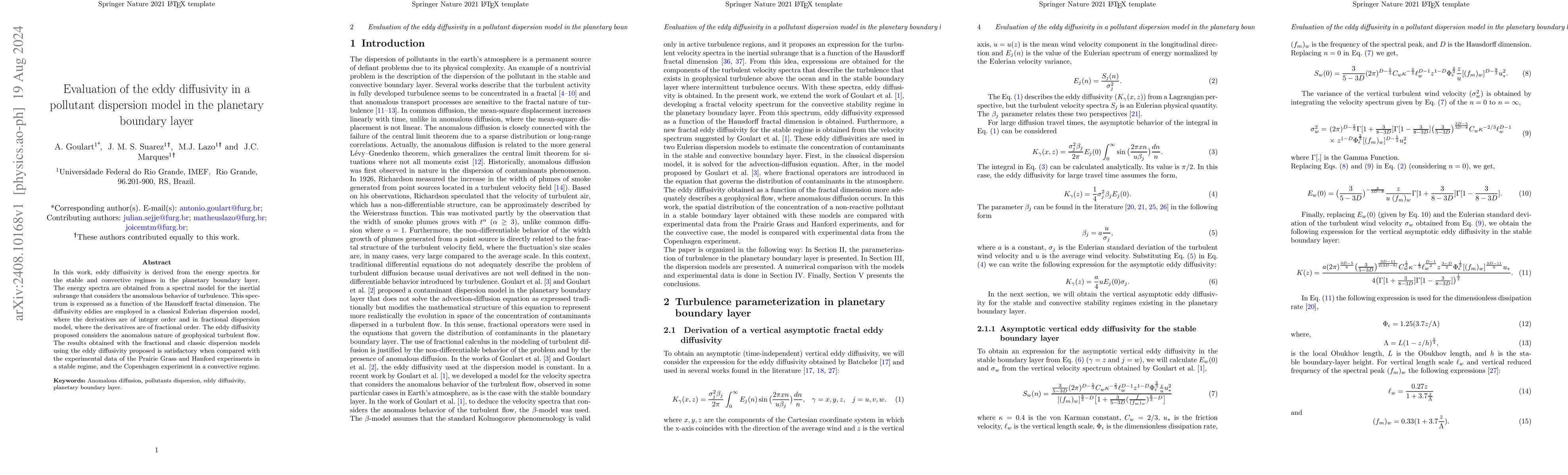 Thumbnail for Evaluation of the eddy diffusivity in a pollutant dispersion model in
  the planetary boundary layer