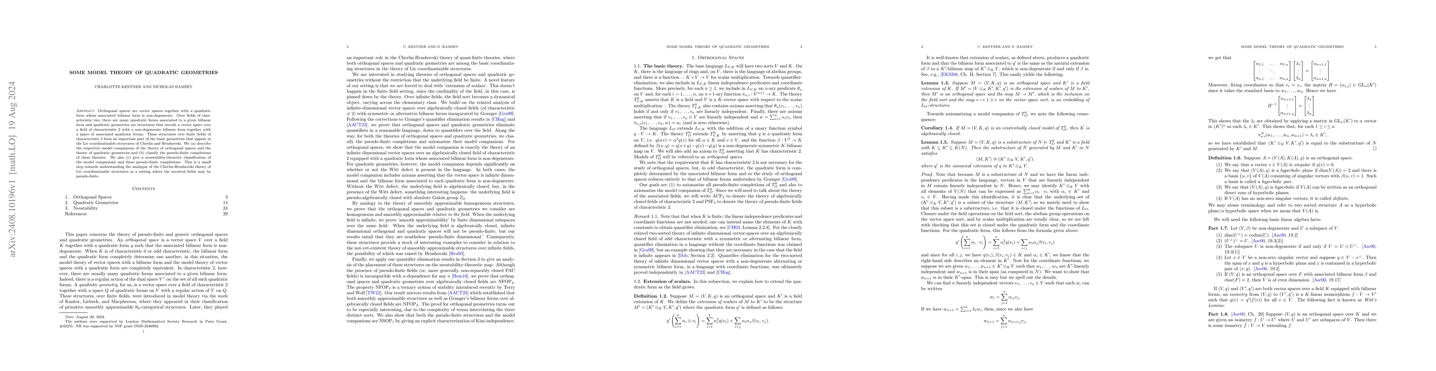 Thumbnail for Some model theory of quadratic geometries