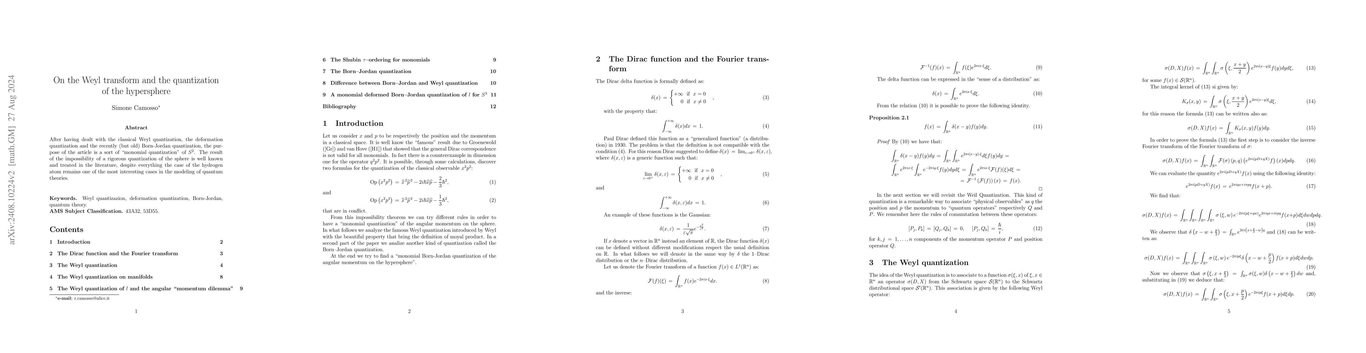Thumbnail for On the Weyl transform and the quantization of the hypersphere
