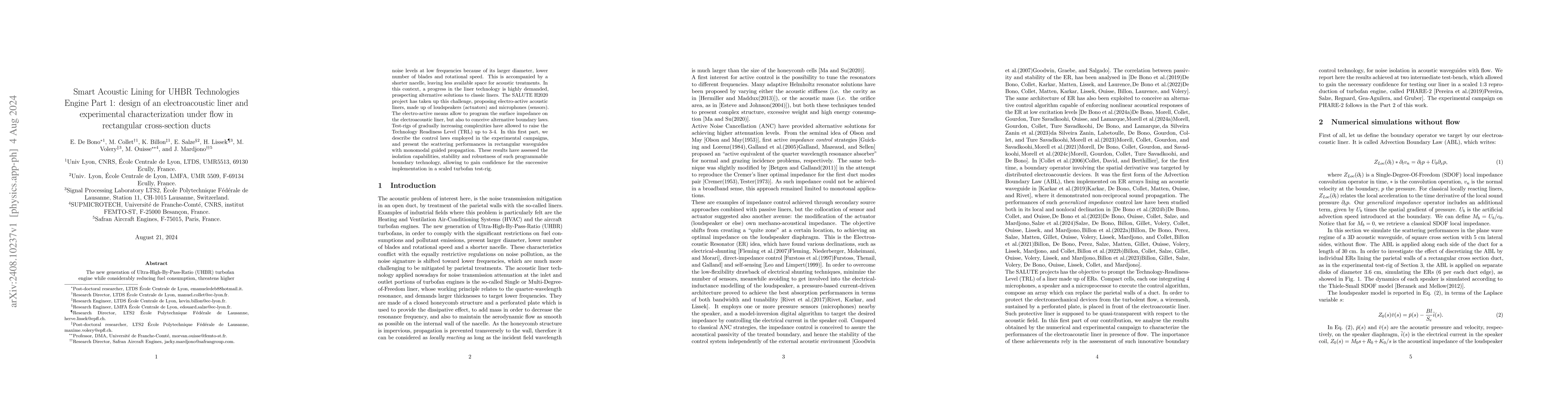 Thumbnail for Smart Acoustic Lining for UHBR Technologies Engine Part 1: design of an
  electroacoustic liner and experimental characterization under flow in
  rectangular cross-section ducts