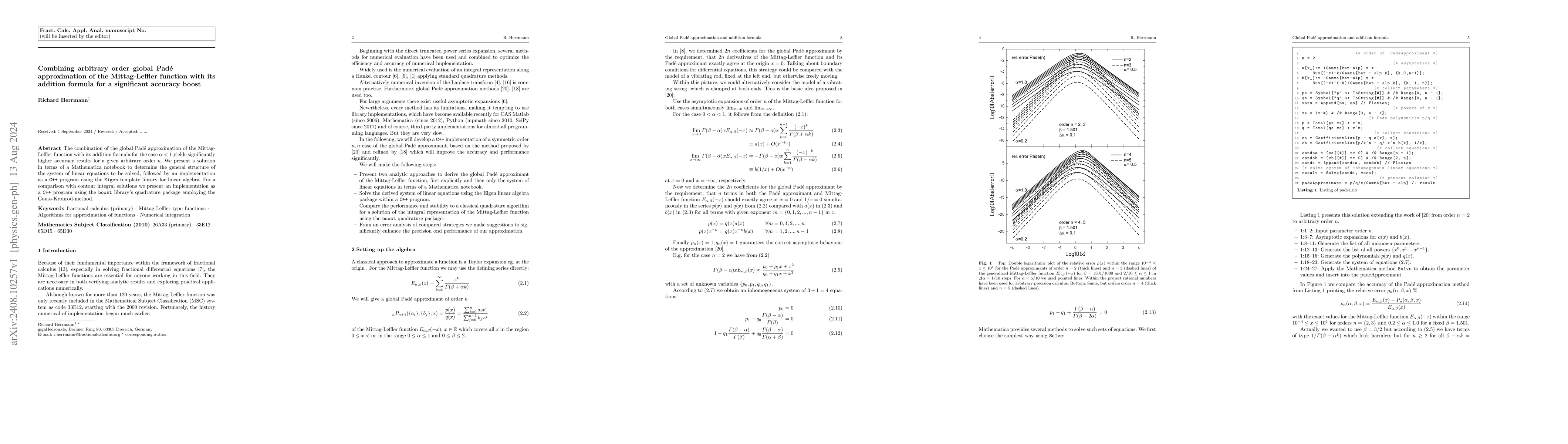 Thumbnail for Combining arbitrary order global Padé approximation of the
  Mittag-Leffler function with its addition formula for a significant accuracy
  boost