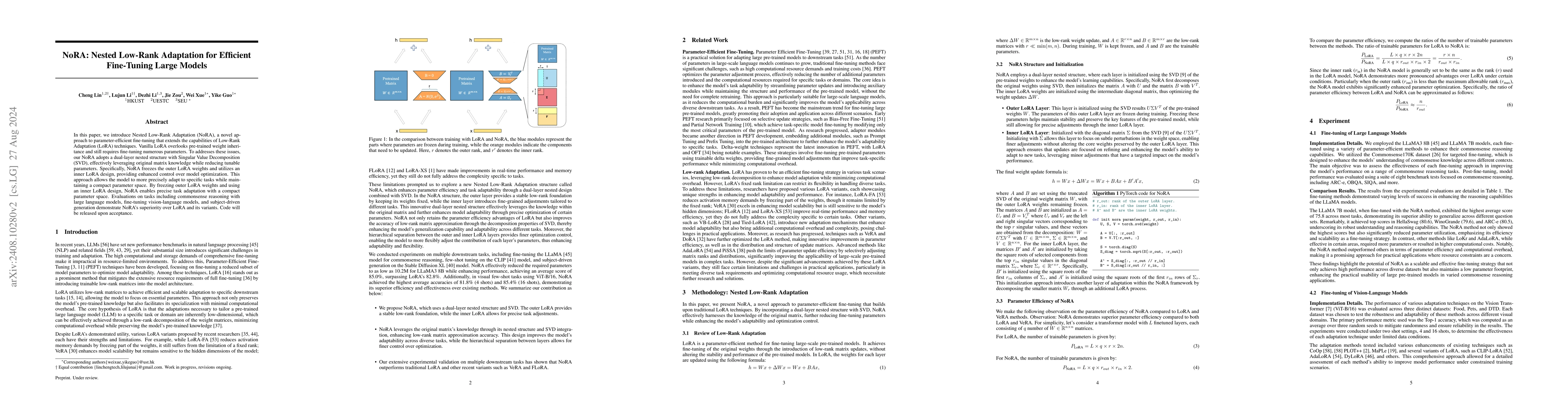 Thumbnail for NoRA: Nested Low-Rank Adaptation for Efficient Fine-Tuning Large Models