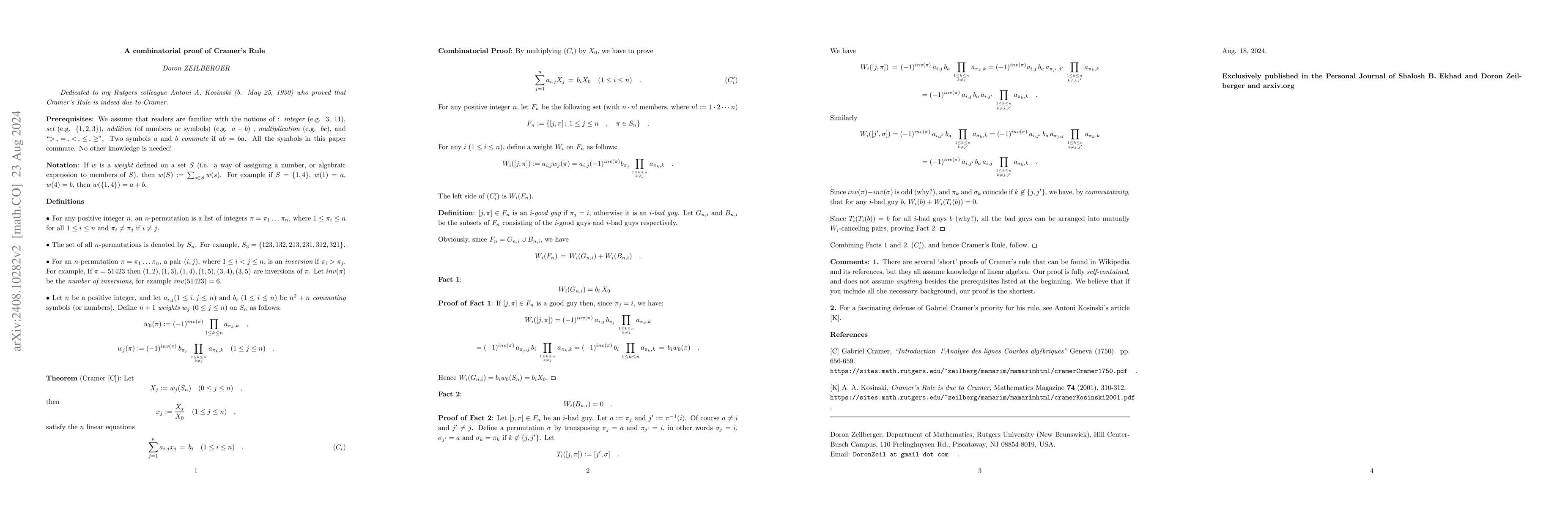 Thumbnail for A combinatorial proof of Cramer's Rule