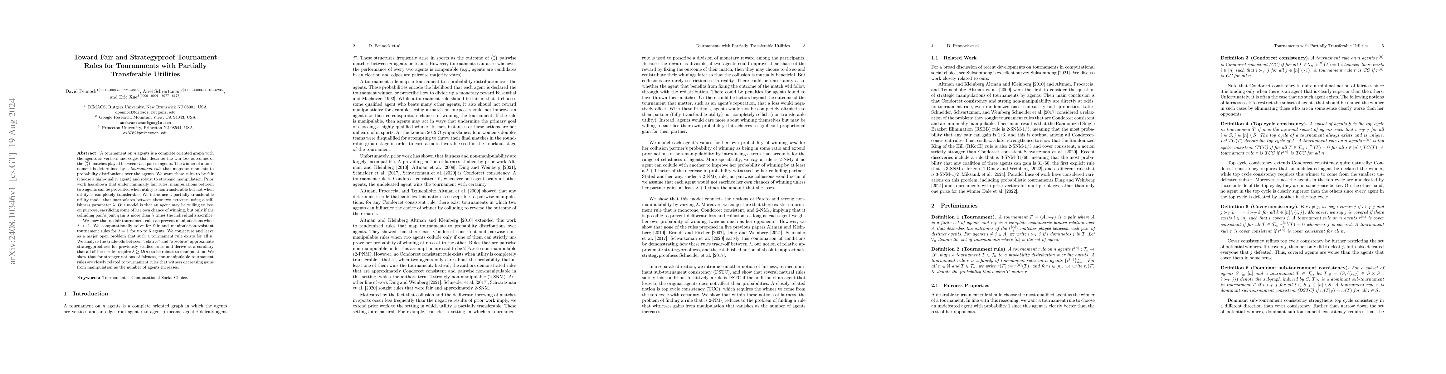 Thumbnail for Toward Fair and Strategyproof Tournament Rules for Tournaments with
  Partially Transferable Utilities