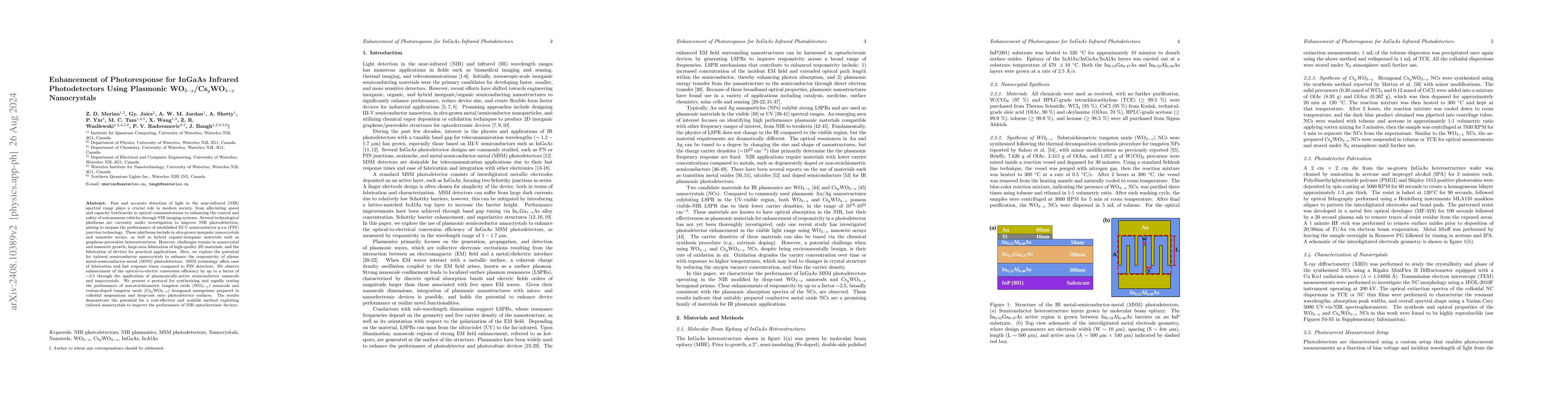 Thumbnail for Enhancement of Photoresponse for InGaAs Infrared Photodetectors Using
  Plasmonic WO3-x/CsyWO3-x Nanocrystals