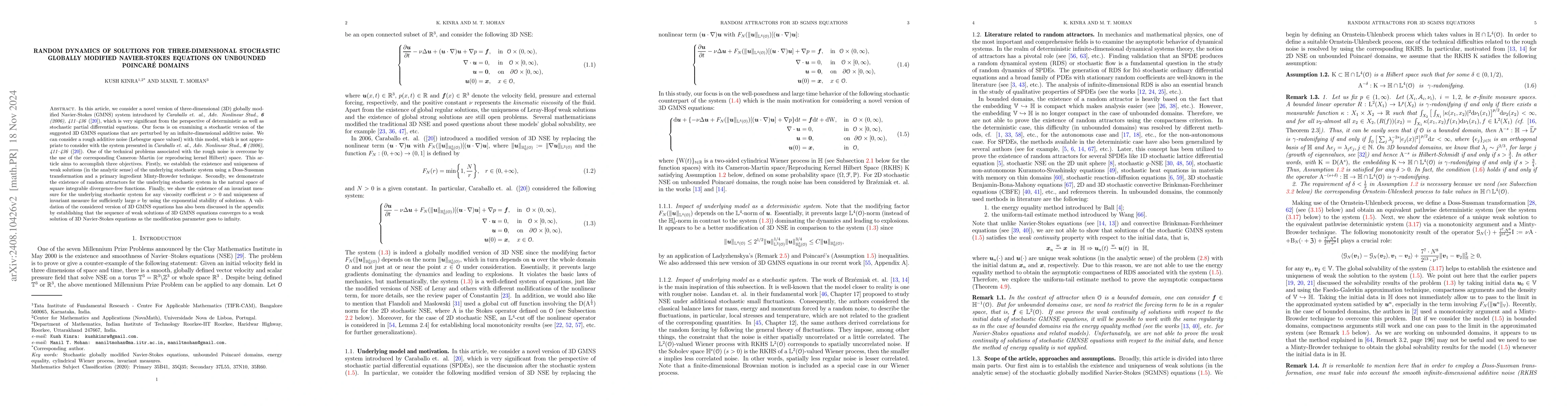 Thumbnail for Random dynamics of solutions for three-dimensional stochastic globally
  modified Navier-Stokes equations on unbounded Poincaré domains