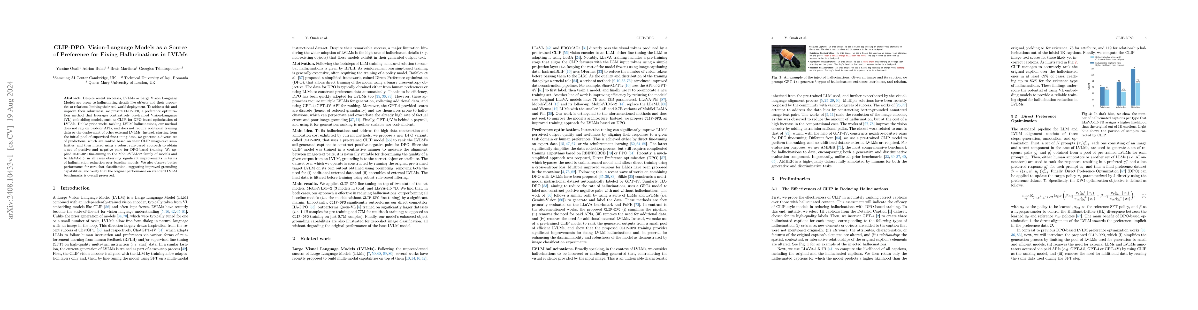 Thumbnail for CLIP-DPO: Vision-Language Models as a Source of Preference for Fixing
  Hallucinations in LVLMs
